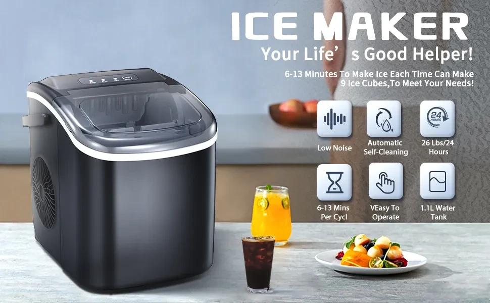 Byroce Portable Countertop Ice Maker, Electric Ice Maker with Easy Operated  Panel, Ice Cubes Ready in 6 Mins, 26LBS/24 Hours, Quiet Running and Energy