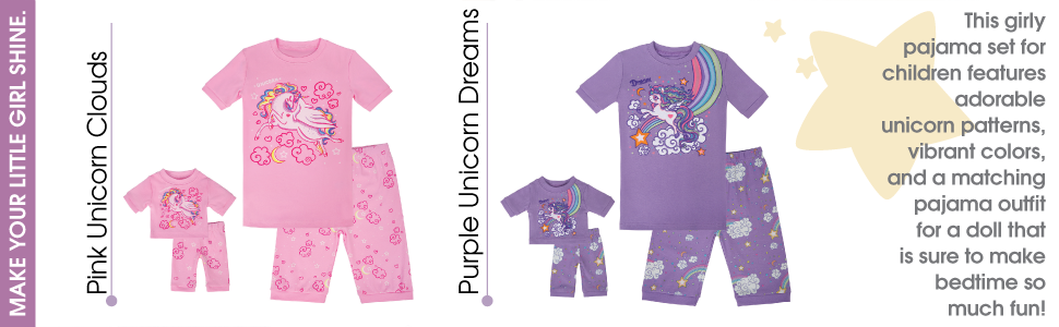 HDE Girls Pajamas - Pajama Set with for Girl with Matching Doll Outfit - 100%  Cotton, Breathable Kids PJ Sets with Cute Unicorn Design - Doll Pyjamas Fit  American Girl & 18 Dolls 