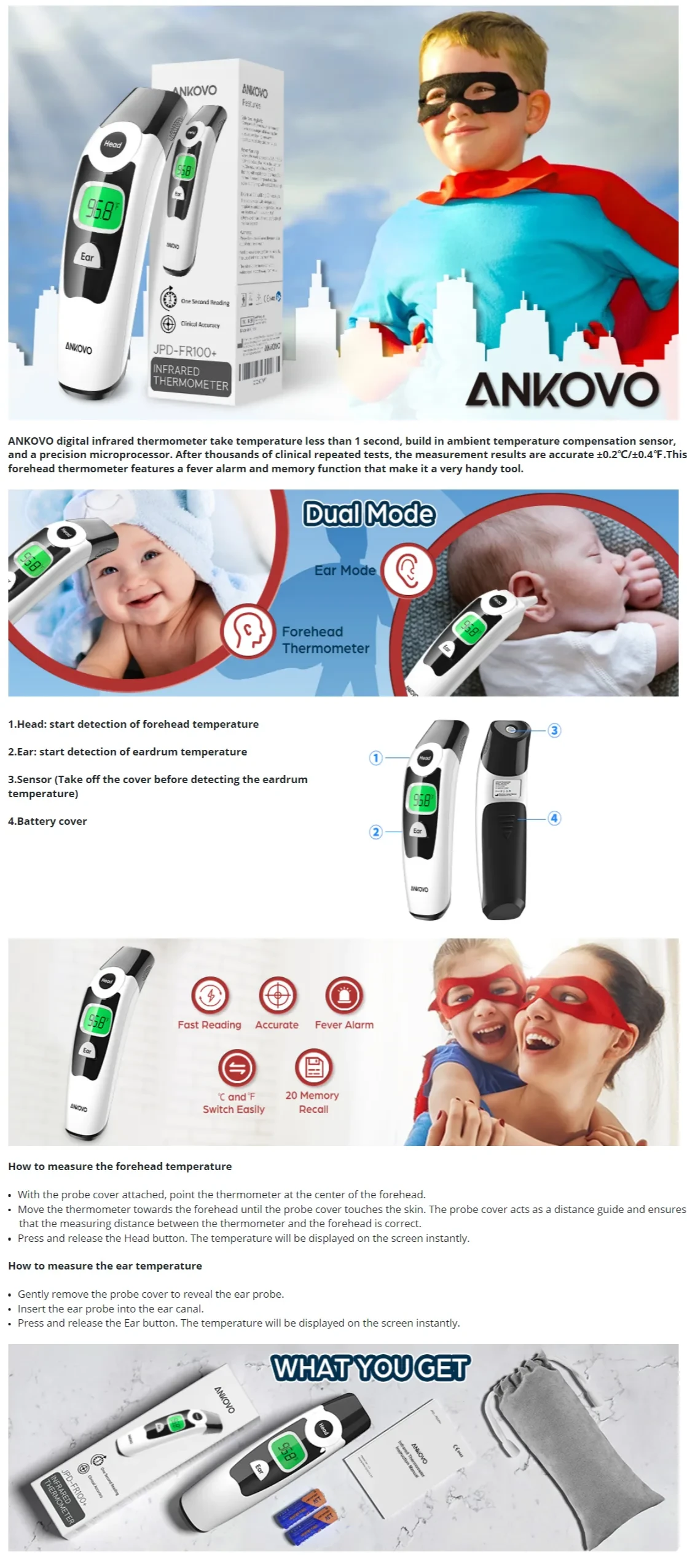 ANKOVO Dual Mode Infrared Thermometer for Baby & Kid, 1s Reading 