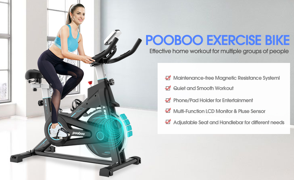 Smooth Quiet Home Workout Adjustable Seat & Handlebar Stationary bike with LCD Monitor & Device Holder pooboo Magnetic Exercise Bike Indoor Cycling Bike Stationary 