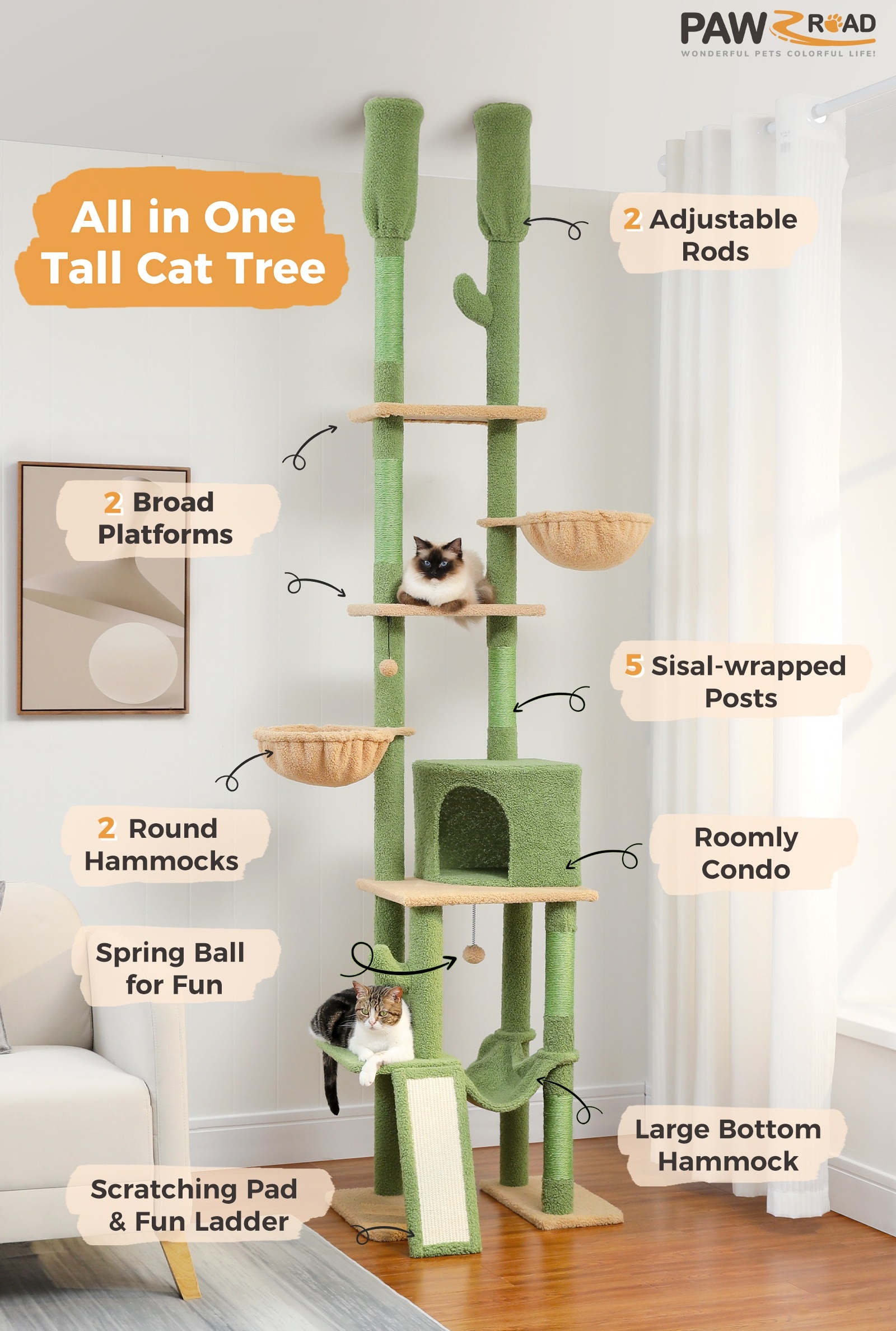 PAWZ Road 85 112 Cactus Cat Tree Floor to Ceiling Adjustable Climbing Cat Tower Scratching Post 2 Hammocks Green Shop Black Friday Deals for 2024 Walmart