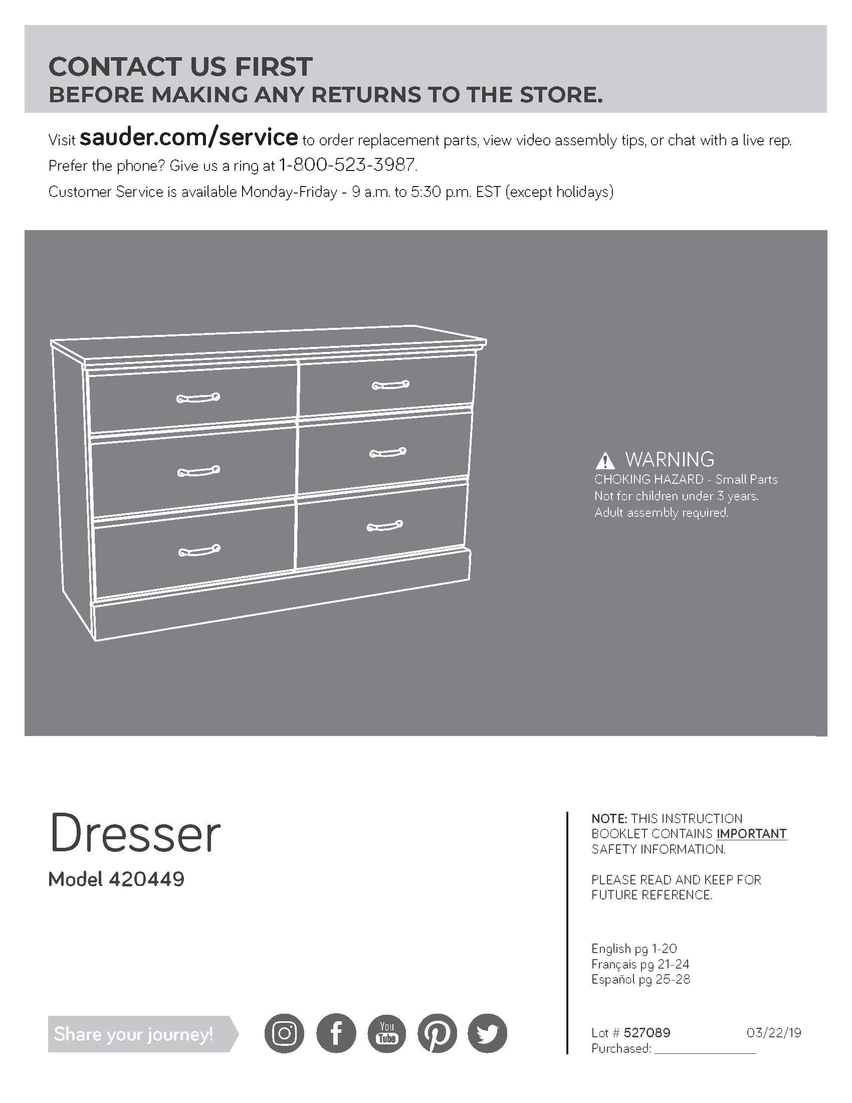 Sauder Parklane Contemporary 6Drawer Dresser, Espresso Finish