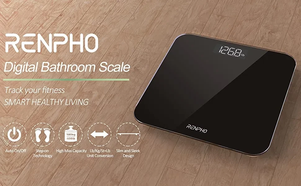 RENPHO Digital Bathroom Scale, Highly Accurate Core 1S Body Weight Scale  with Lighted LED Display, Round Corner Design(11/280mm, Black)
