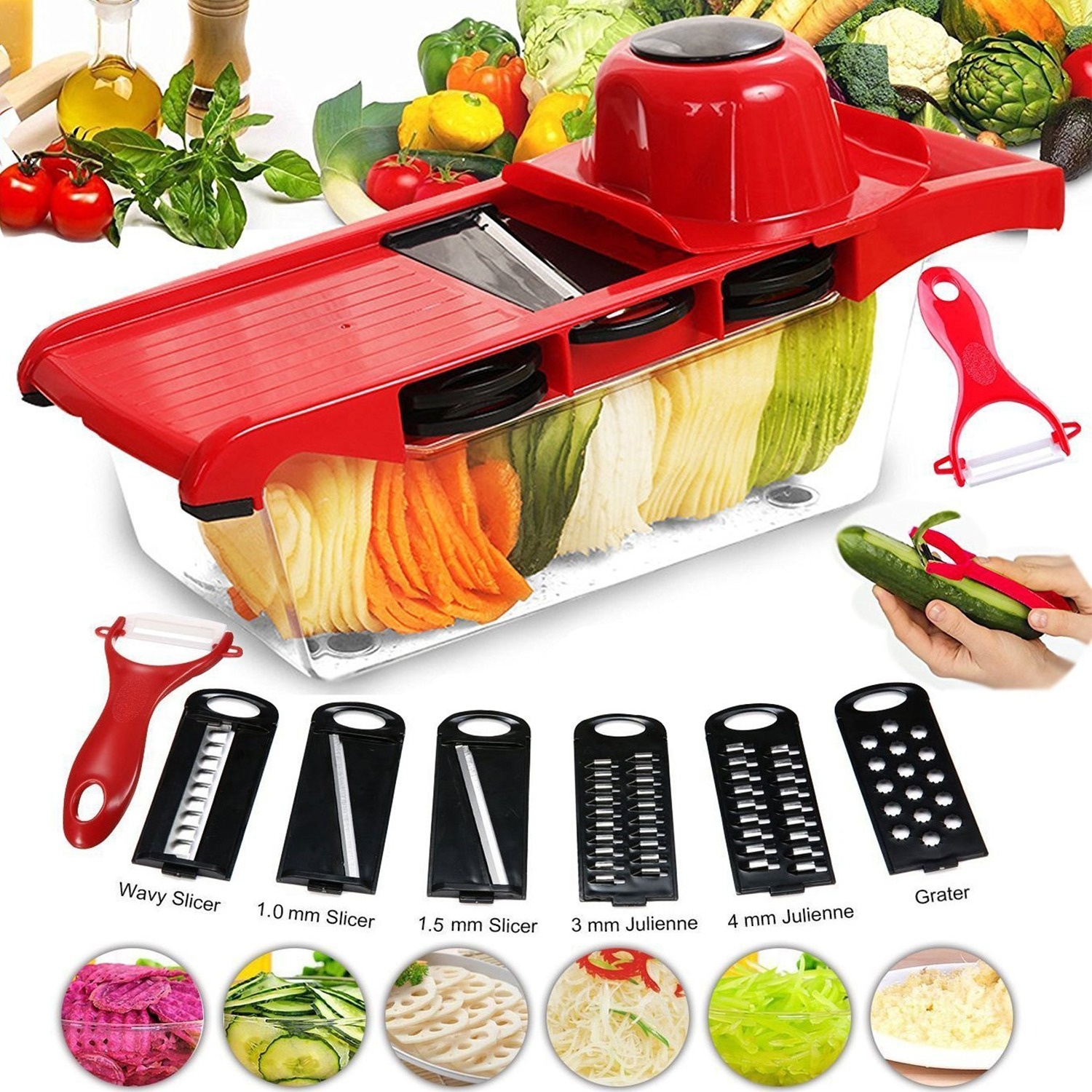 Vegetable slicer 2 mm thick slices with patented parabolic blade