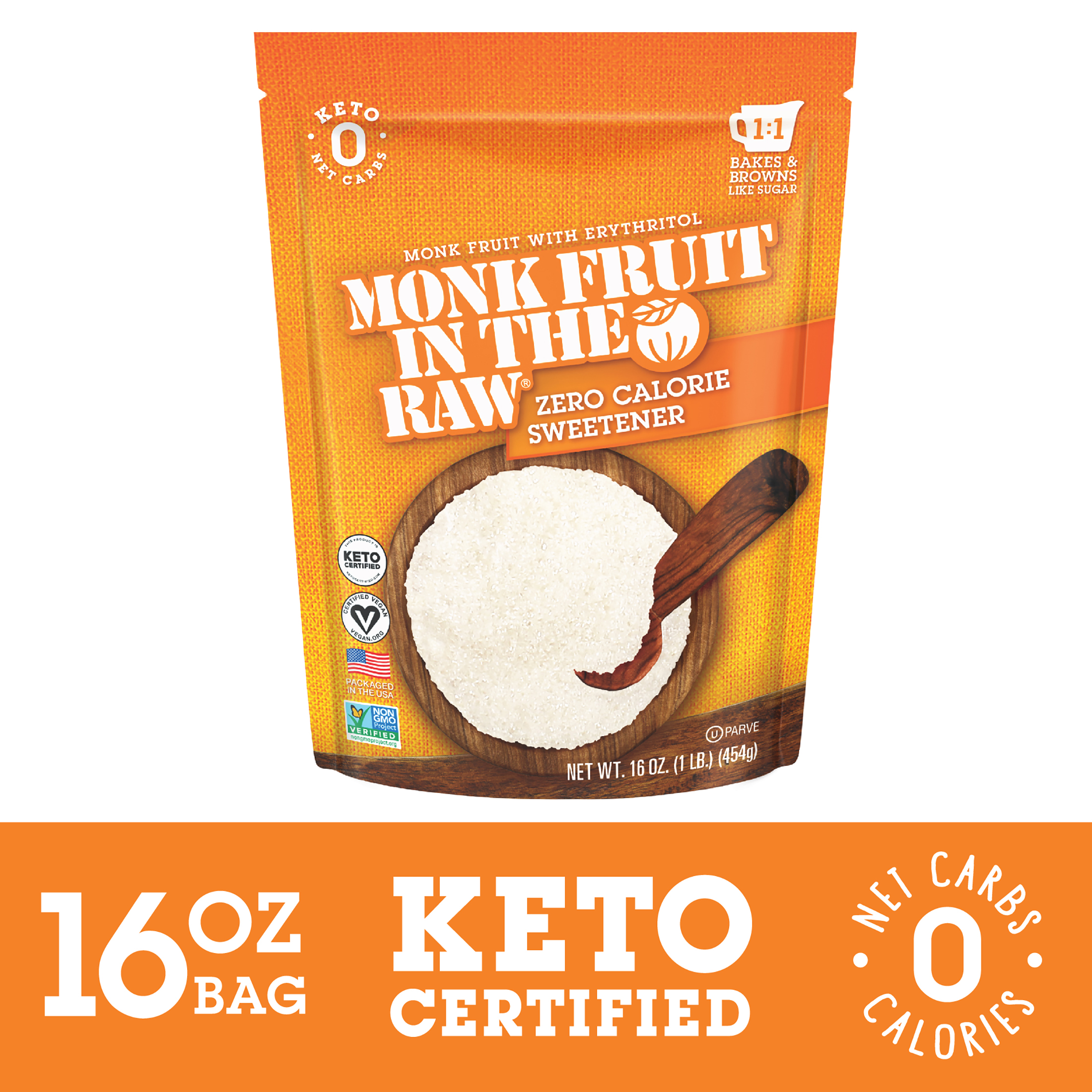Monk Fruit In The Raw Zero Calorie Sweetener, Sugar Substitute, 16