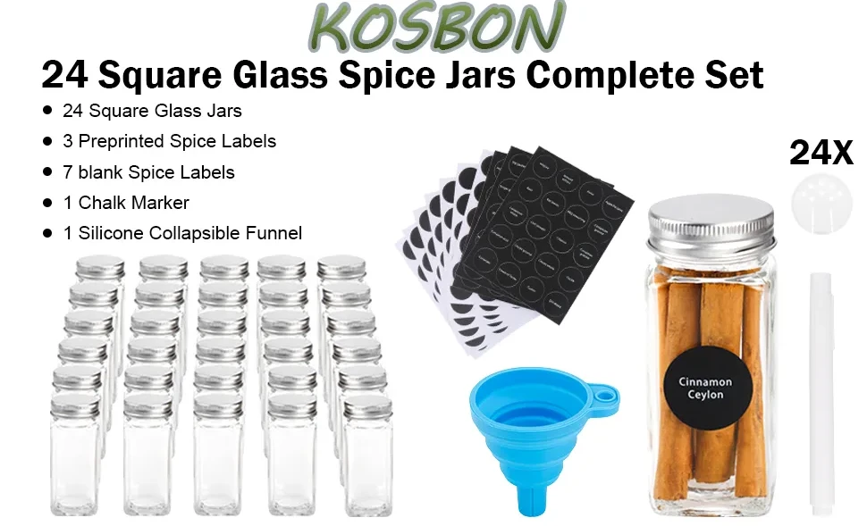 Nevlers 4 oz. Glass Spice Jar Set (24 Pack) | Herb Container Set: Square Spice Jars , Airtight Metal Covers and Other Accessories, Clear