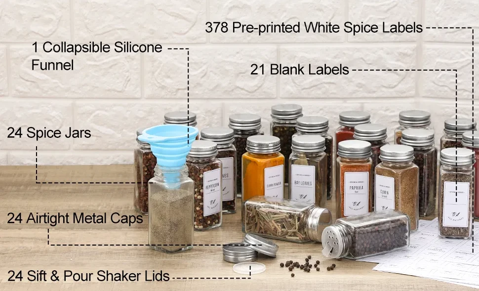 24 Pcs Glass Spice Jars with 808 Labels,4Oz Empty Spice Bottles,Seasoning  Contai