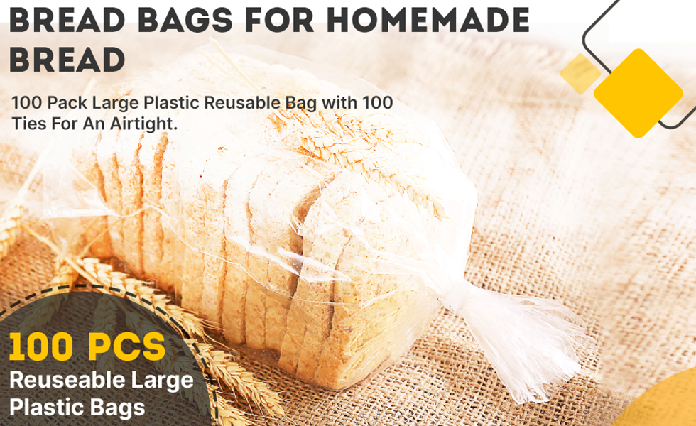 100 Pack Clear Plastic Bread Bags for Homemade Bread Adjustable