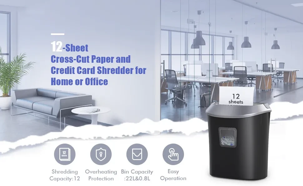 Dodocool 12-Sheet Paper Shredder, Crosscut Paper/CD/Credit Card Shredders  with Pullout Basket for Home Office Use, Black