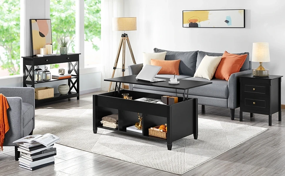Easyfashion Wooden Lift Top Coffee Table with Hidden Storage and Bottom Shelf Black