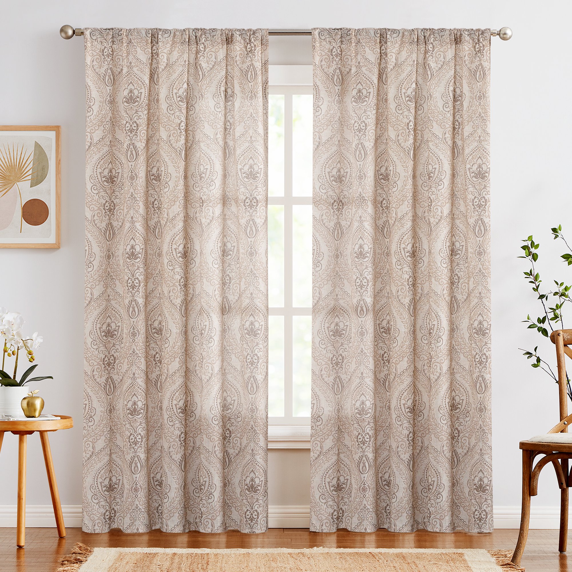 CURTAINKING Linen Curtains for Living Room 84 inch Damask Printed ...