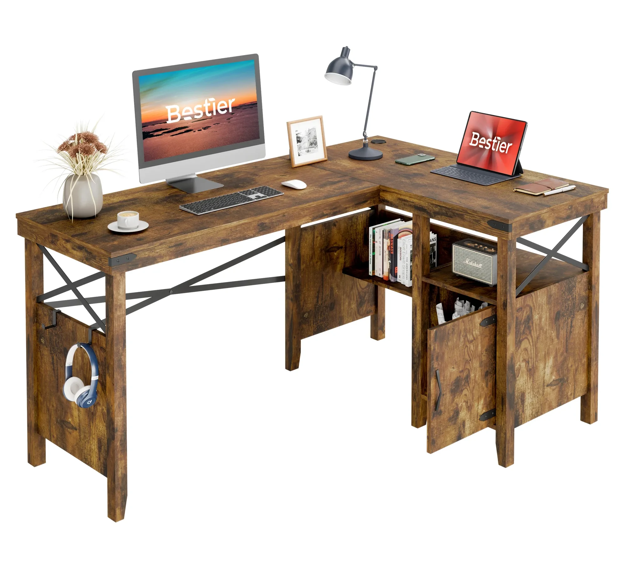 Bestier L Shaped Desk for Home Office, Farmhouse Computer Desk with Storage  Cabinet, Office Desk with Bookshelf, 2 Person Computer Desk Up to 82 inch