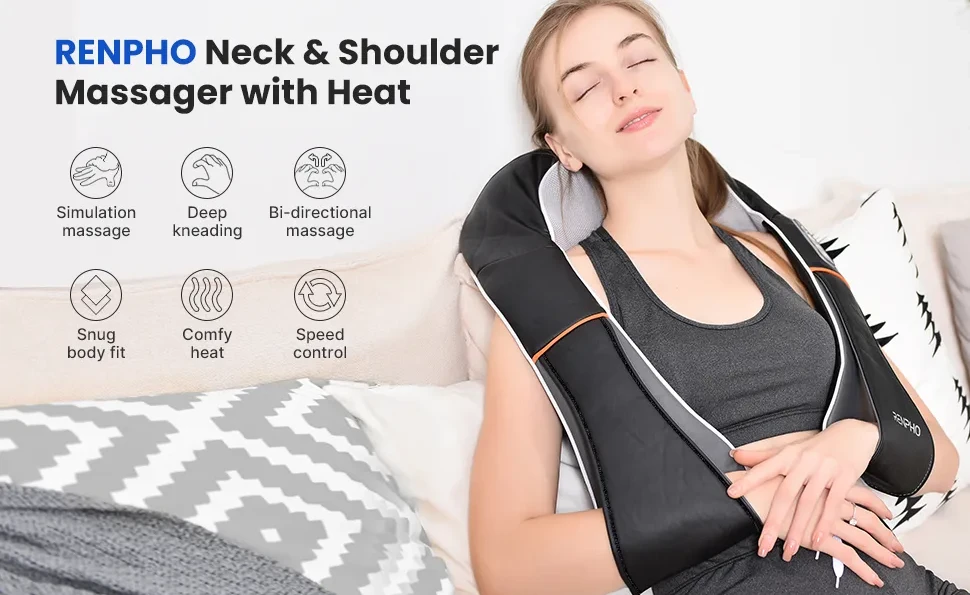 Arealer Neck Massager ,Portable Shoulder Massager with Heat Shiatsu Massager for Neck Shoulder Back with 8 Shiatsu Massage Heads Speed and Bi