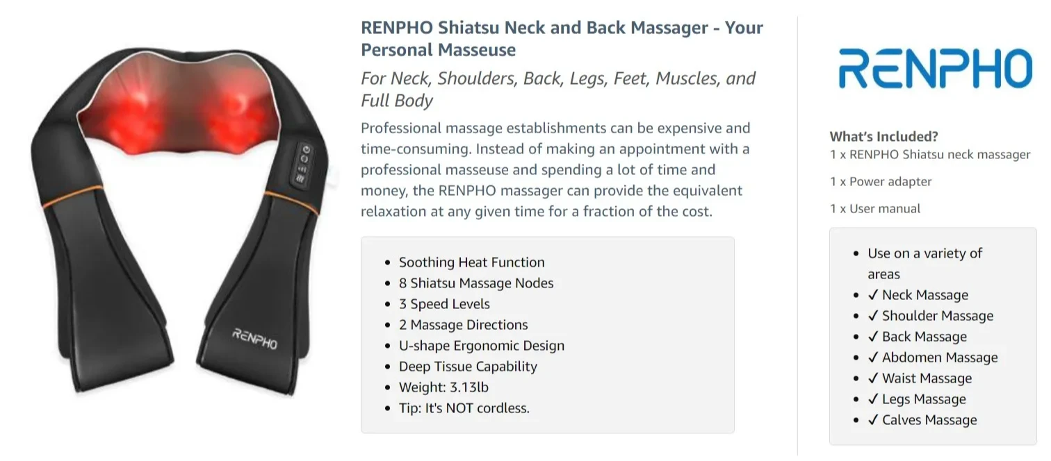 RENPHO Neck and Back Massage Cushion S-Shaped 5-Speed in Black PUS