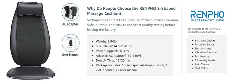 RENPHO Renpho Back Massager, S-shaped Shiatsu Massage Cushion With