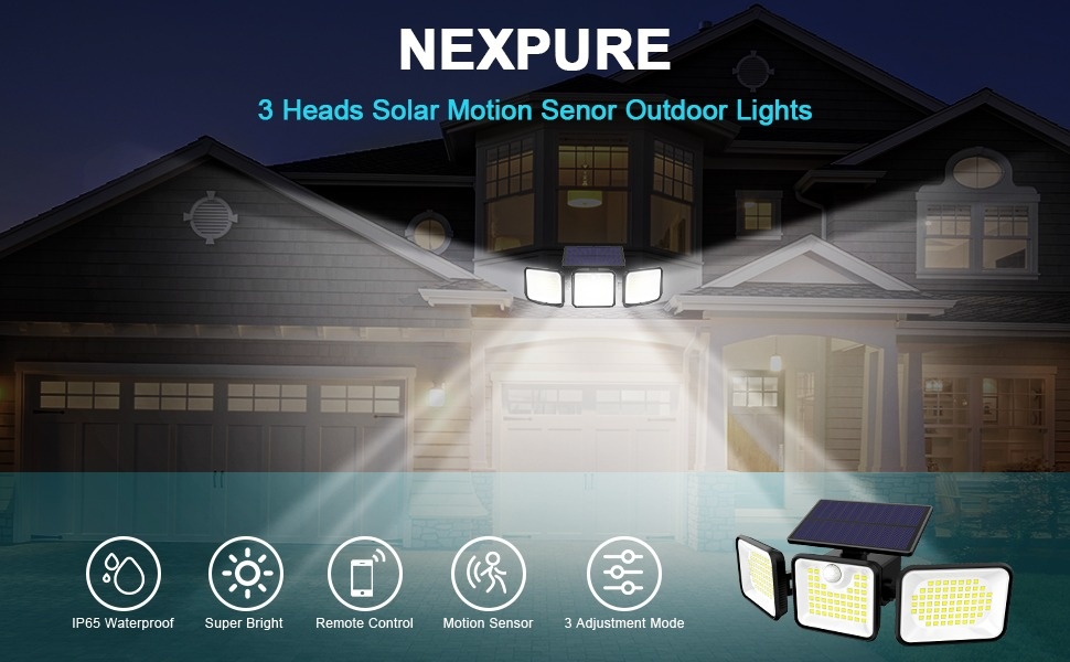 NEXPURE Solar Lights Outdoor, 180 LED Solar Motion Sensor Security Lights,  Solar Flood Lights with 3 Lighting Modes, IP65 Waterproof for Garage Yard