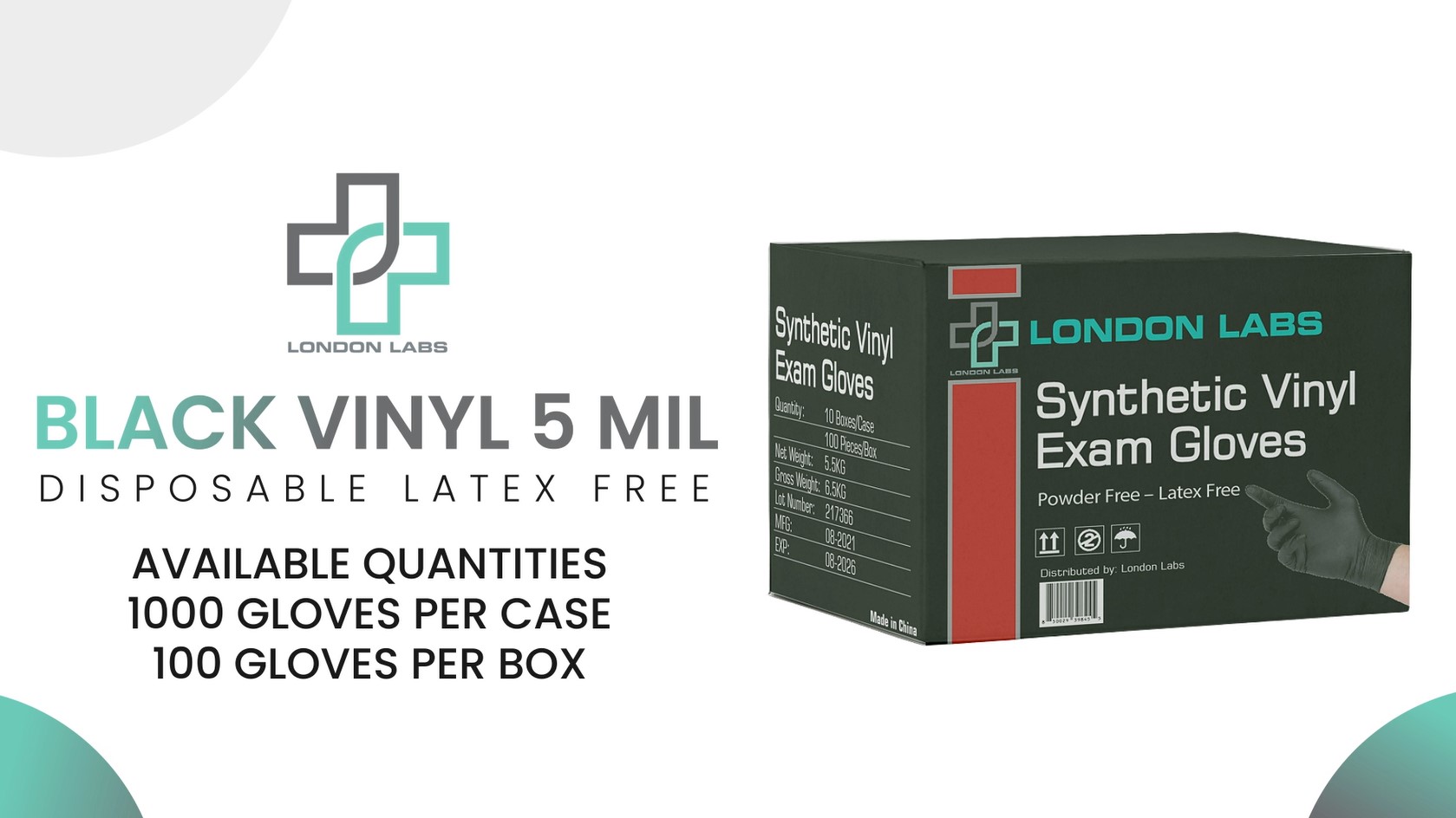 London Labs Black Synthetic Vinyl Exam Gloves Powder Free and Latex Free  Medium, 1000 Count